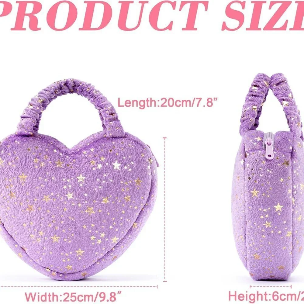 Heart-Shaped Plush Tote Bag Synthetic Leather Deep Purple Silver Stars